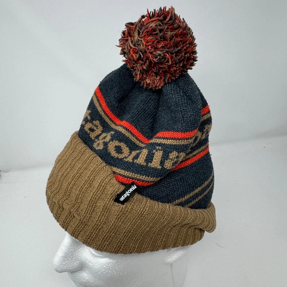 Patagonia Powder Town Beanie Hat Pom Pom Knit Blue Brown 29187 FA17 Mens